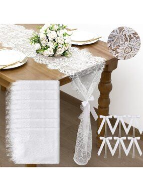 Rtteri 6 Pcs White Lace Table Runner 14 x 120 Inch with Long Tie Bow Flower Vint